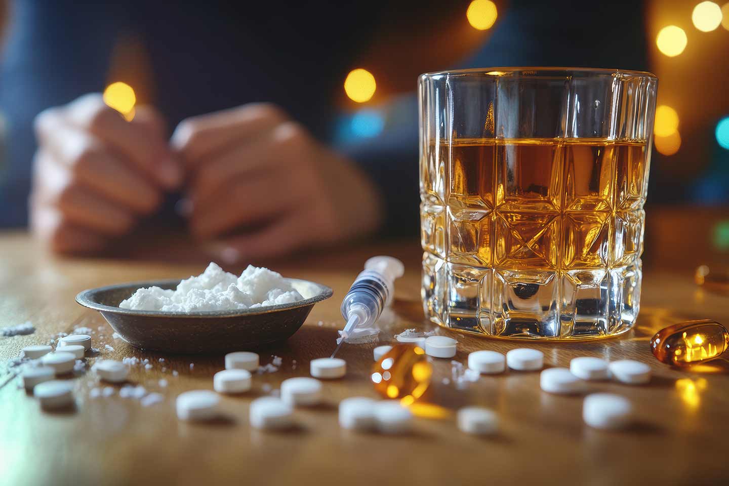 Osoba koja se bori s ovisnošću okružena drogama i alkoholom