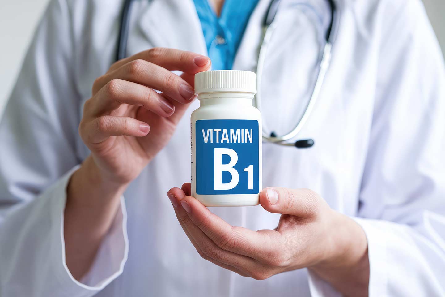 LIječnik drži bočicu vitamina B1 u rukkama