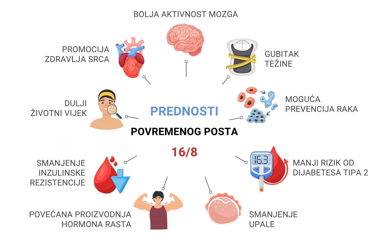 Ilustrativni prikaz zdravstvenih prednosti povremenog posta 16/8.