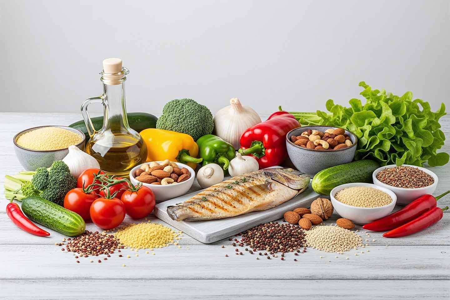 Slika svježih i zdravih sastojaka mediteranske prehrane aranžirani na rustikalnom stolu - povrće, maslinovo ulje, riba, orašasti plodovi i cjelovite žitarice.