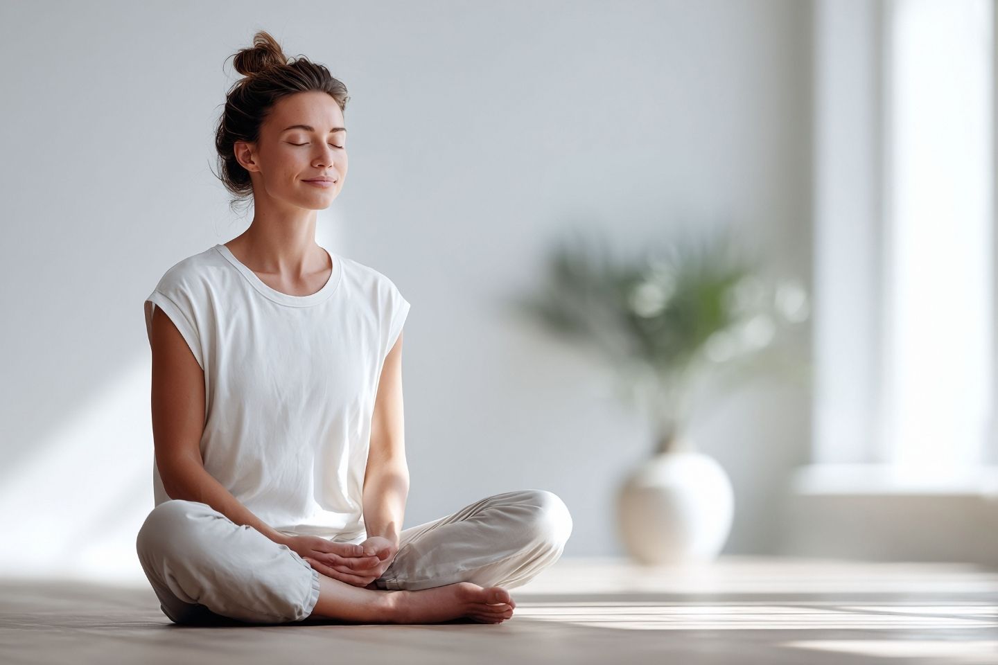 Slika smirene žene koja meditira u lotosovom položaju.